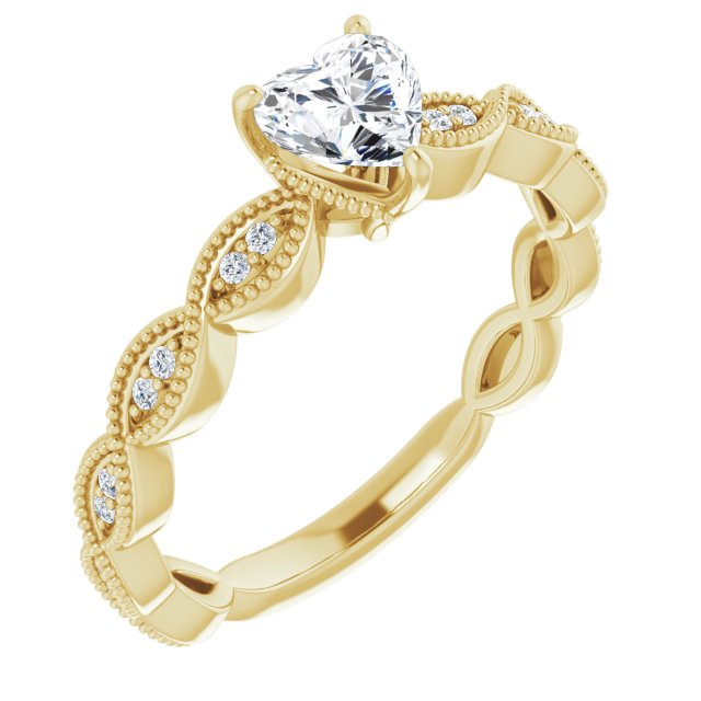 10K Yellow Gold Customizable Heart Cut Artisan Design with Scalloped, Round-Accented Band and Milgrain Detail