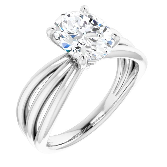 10K White Gold Customizable Oval Cut Solitaire Design with Wide, Ribboned Split-band