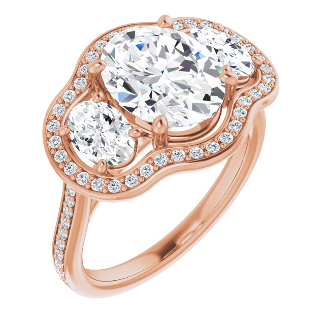 10K Rose Gold Customizable Oval Cut Style with Oval Cut Accents, 3-stone Halo & Thin Shared Prong Band