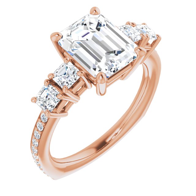 10K Rose Gold Customizable Emerald/Radiant Cut 5-stone Style with Quad Emerald/Radiant Accents plus Shared Prong Band