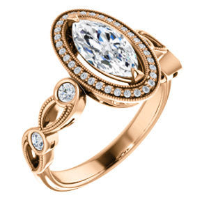 Cubic Zirconia Engagement Ring- The Lois Belle (Customizable Marquise Cut Halo-Style with Twisting Filigreed Infinity Split-Band)