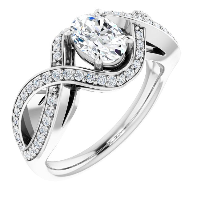 10K White Gold Customizable Oval Cut Design with Twisting, Infinity-Shared Prong Split Band and Bypass Semi-Halo