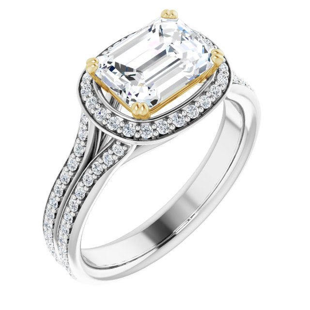 14K White & Yellow Gold Customizable Cathedral-set Emerald/Radiant Cut Style with Split-Pav? Band