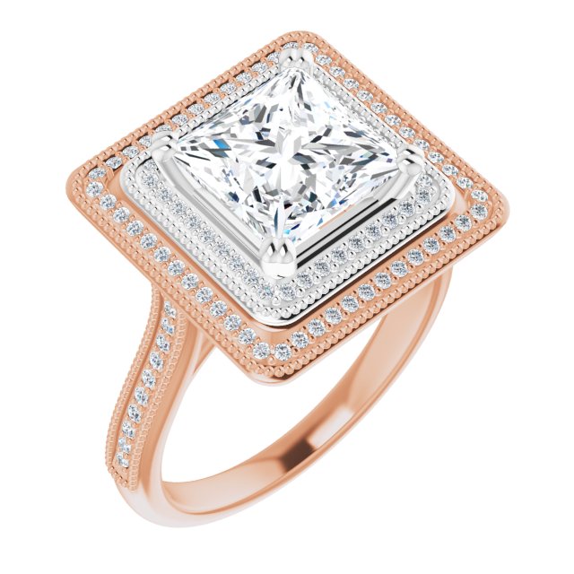 14K Rose & White Gold Customizable Princess/Square Cut Design with Elegant Double Halo, Houndstooth Milgrain and Band-Channel Accents
