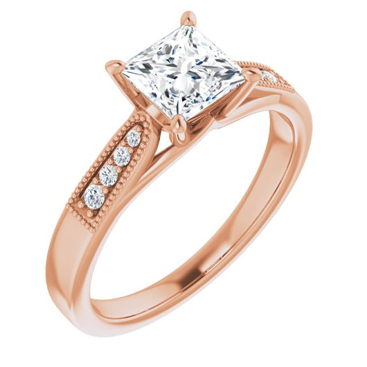 10K Rose Gold Customizable 9-stone Vintage Design with Princess/Square Cut Center and Round Band Accents