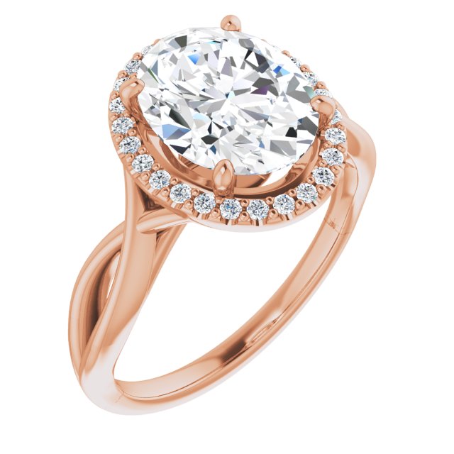 10K Rose Gold Customizable Cathedral-Halo Oval Cut Design with Twisting Split Band