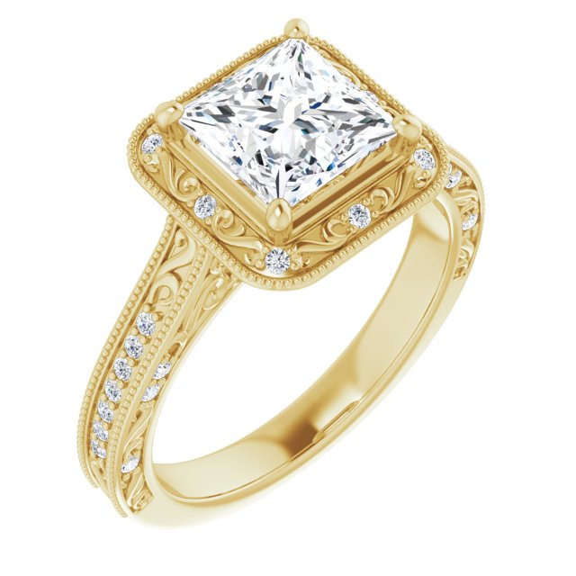 10K Yellow Gold Customizable Vintage Artisan Princess/Square Cut Design with 3-Sided Filigree and Side Inlay Accent Enhancements