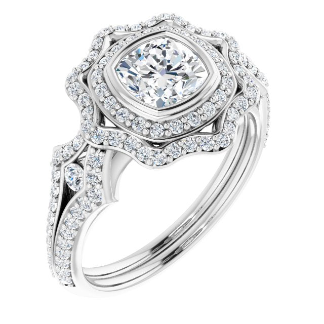 10K White Gold Customizable Cushion Cut Style with Ultra-wide Pavé Split-Band and Nature-Inspired Double Halo
