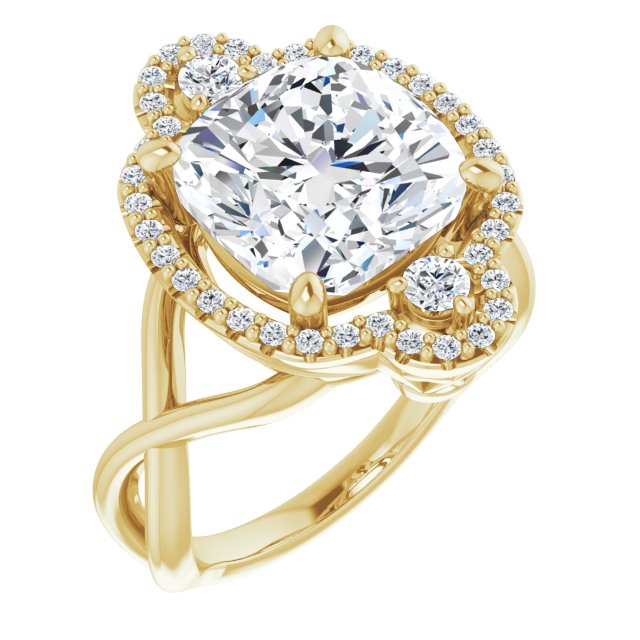 10K Yellow Gold Customizable Vertical 3-stone Cushion Cut Design Enhanced with Multi-Halo Accents and Twisted Band