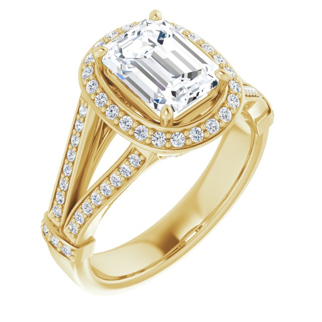 Cubic Zirconia Engagement Ring- The Cecelia  (Customizable Radiant Cut Setting with Halo, Under-Halo Trellis Accents and Accented Split Band)