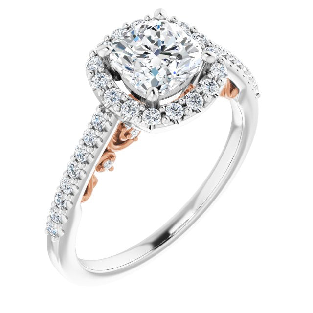14K White & Rose Gold Customizable Cathedral-Halo Cushion Cut Design with Carved Metal Accent plus Pavé Band