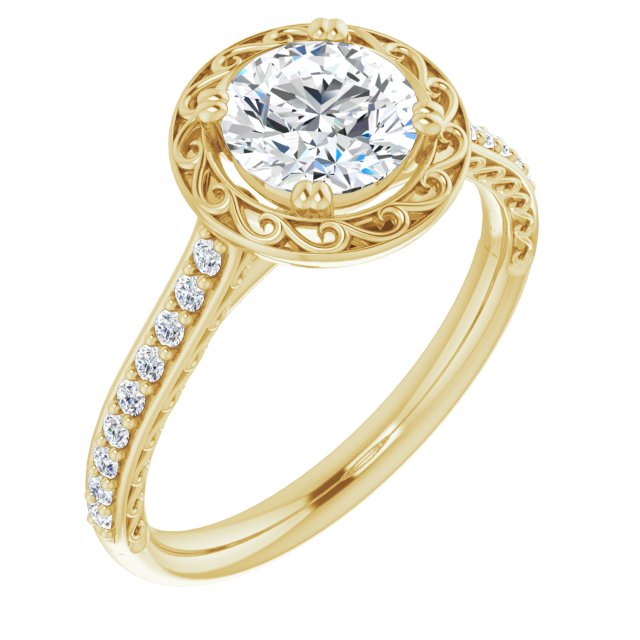10K Yellow Gold Customizable Round Cut Halo Design with Filigree and Accented Band