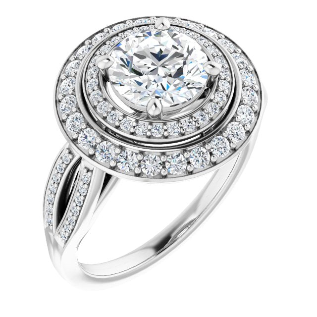 10K White Gold Customizable Cathedral-style Round Cut Design with Double Halo & Split-Pavé Band