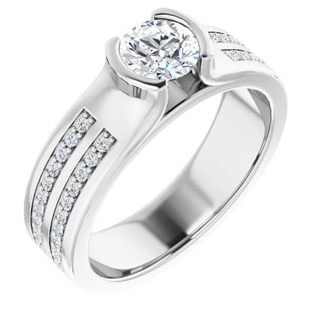 10K White Gold Customizable Bezel-set Round Cut Design with Thick Band featuring Double-Row Shared Prong Accents