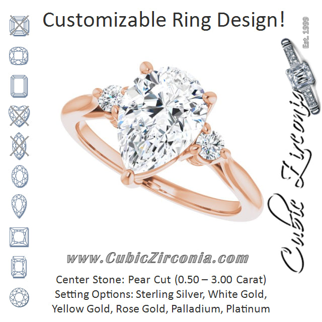Cubic Zirconia Engagement Ring- The Malena (Customizable Three-stone Pear Cut Design with Small Round Accents and Vintage Trellis/Basket)
