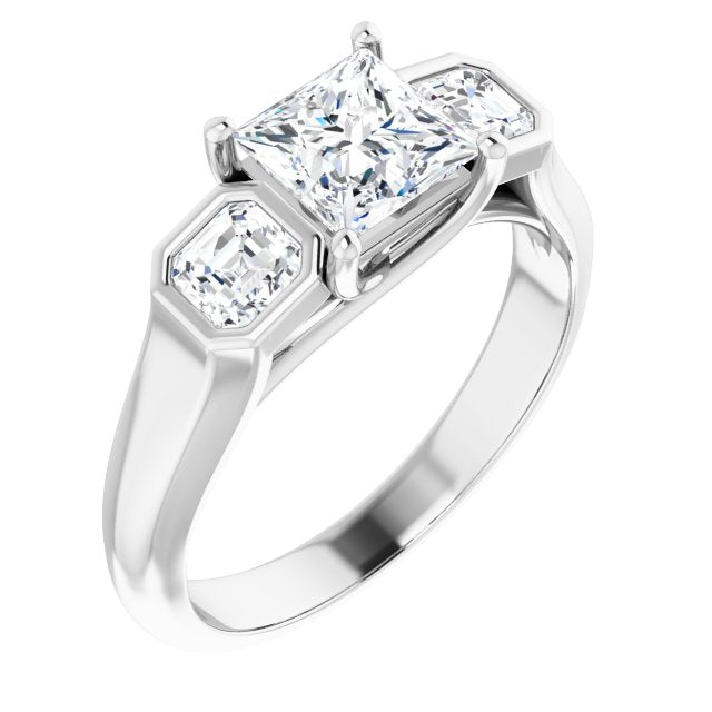 10K White Gold Customizable 3-stone Cathedral Princess/Square Cut Design with Twin Asscher Cut Side Stones