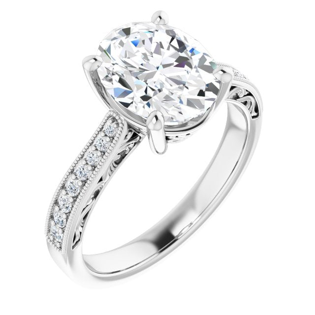 10K White Gold Customizable Oval Cut Design with Round Band Accents and Three-sided Filigree Engraving