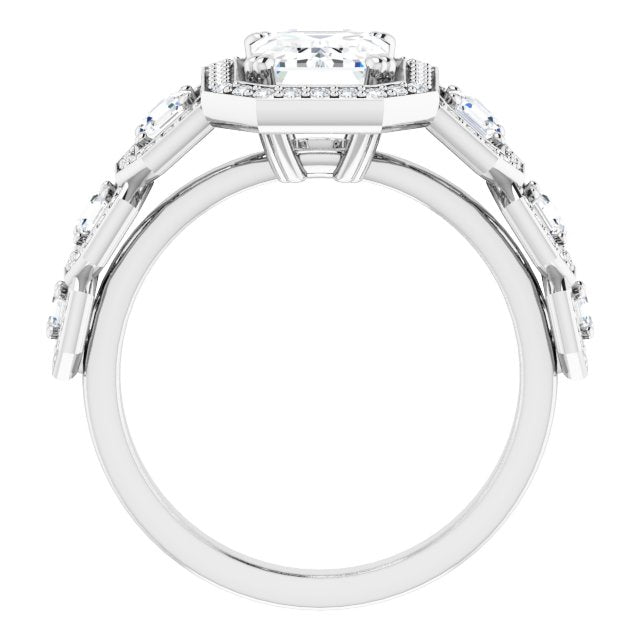 Cubic Zirconia Engagement Ring- The Carmela (Customizable Cathedral-Halo Radiant Cut Design with Six Halo-surrounded Asscher Cut Accents and Ultra-wide Band)