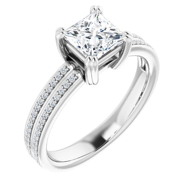 10K White Gold Customizable Princess/Square Cut Center with 100-stone* "Waterfall" Pavé Split Band