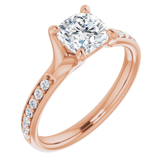 10K Rose Gold Customizable Heavy Prong-Set Cushion Cut Style with Round Cut Band Accents