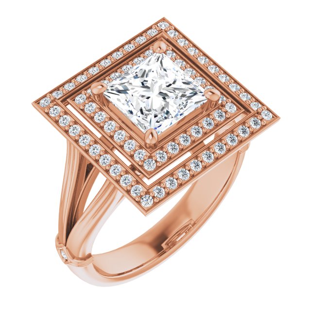 10K Rose Gold Customizable Cathedral-set Princess/Square Cut Design with Double Halo, Wide Split Band and Side Knuckle Accents