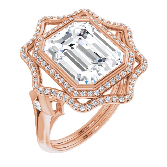 10K Rose Gold Customizable Cathedral-bezel Emerald/Radiant Cut Design with Floral Double Halo and Channel-Accented Split Band