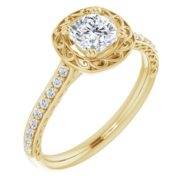 10K Yellow Gold Customizable Cushion Cut Halo Design with Filigree and Accented Band
