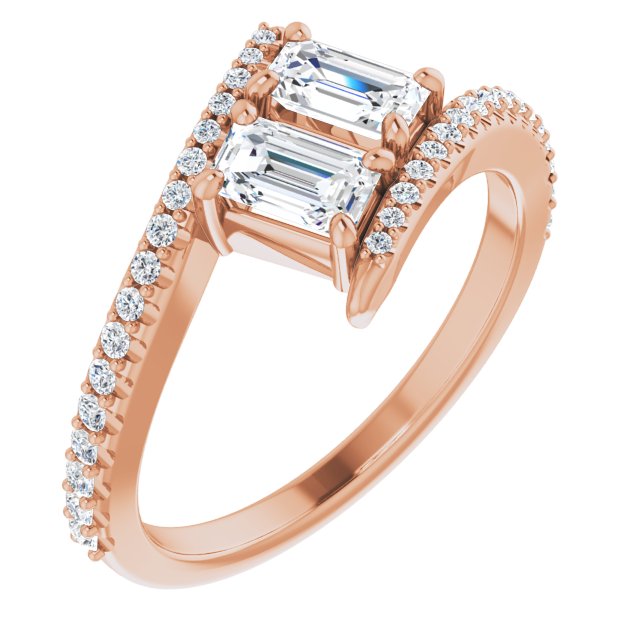 10K Rose Gold Customizable Double Emerald/Radiant Cut 2-stone Design with Ultra-thin Bypass Band and Pavé Enhancement