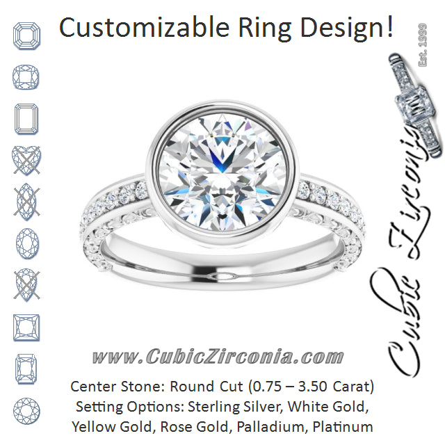 Cubic Zirconia Engagement Ring- The Araceli (Customizable Bezel-set Round Cut Design with Cloud-pattern Band & Semi-Eternity Accents)