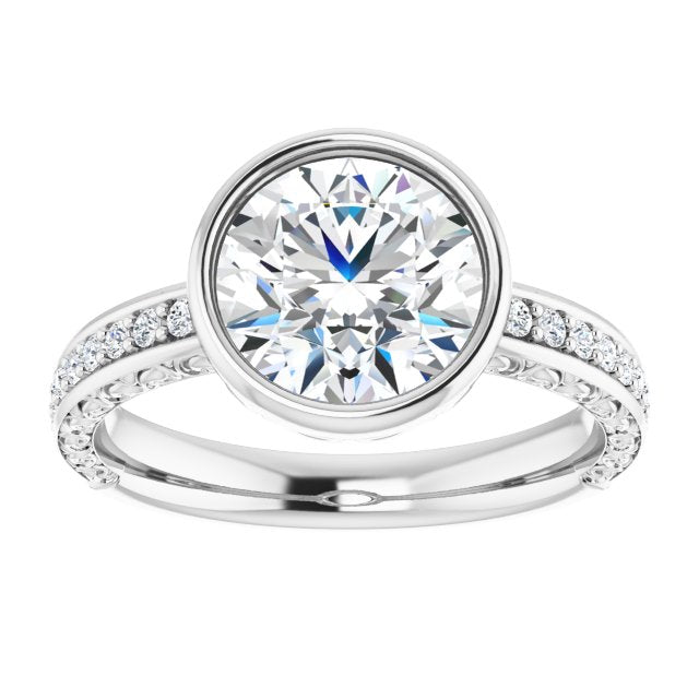 Cubic Zirconia Engagement Ring- The Araceli (Customizable Bezel-set Round Cut Design with Cloud-pattern Band & Semi-Eternity Accents)