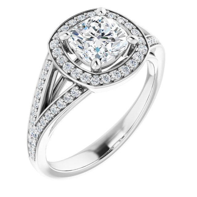 10K White Gold Customizable Cathedral-Halo Cushion Cut Style featuring Split-Shared Prong Band