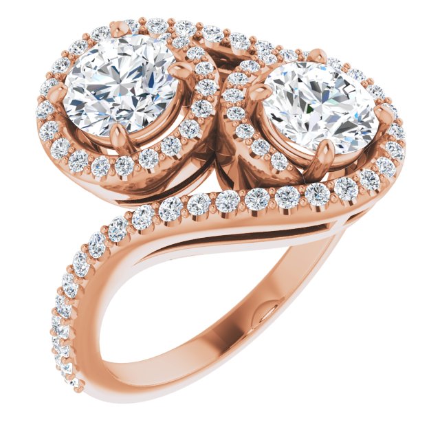 10K Rose Gold Customizable Double Round Cut 2-Stone Style Enhanced with Accented Artisan Bypass Band