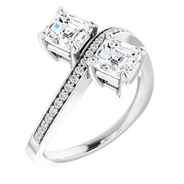 10K White Gold Customizable 2-stone Asscher Cut Bypass Design with Thin Twisting Shared Prong Band