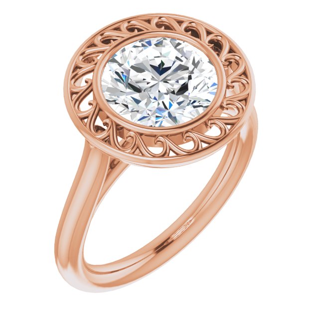 14K Rose Gold Customizable Cathedral-Bezel Style Round Cut Solitaire with Flowery Filigree