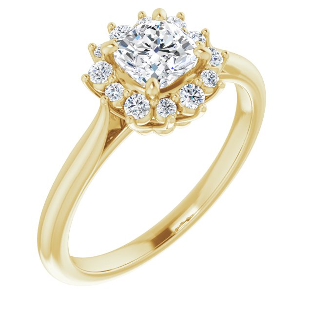 10K Yellow Gold Customizable Crown-Cathedral Cushion Cut Design with Clustered Large-Accent Halo & Ultra-thin Band