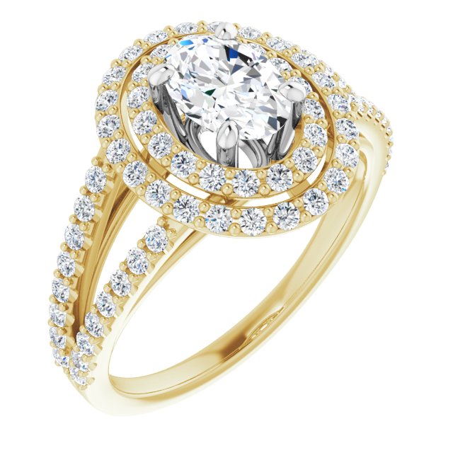 14K Yellow & White Gold Customizable Oval Cut Design with Double Halo and Wide Split-Pavé Band