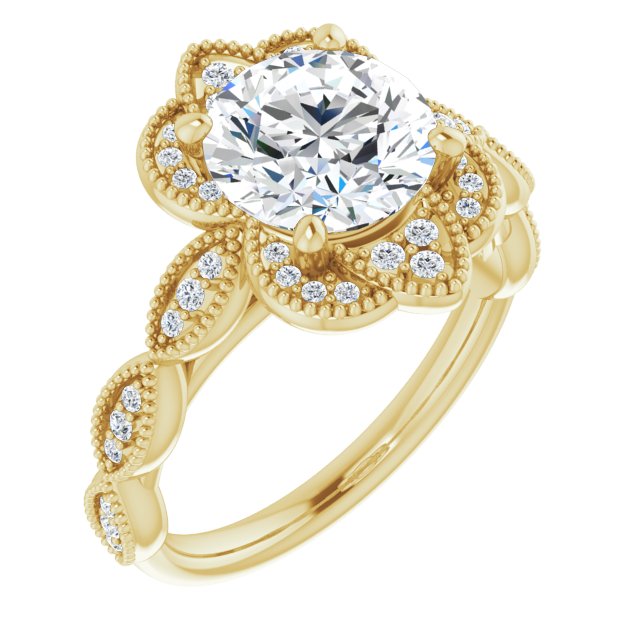 14K Yellow Gold Customizable Cathedral-style Round Cut Design with Floral Segmented Halo & Milgrain+Accents Band