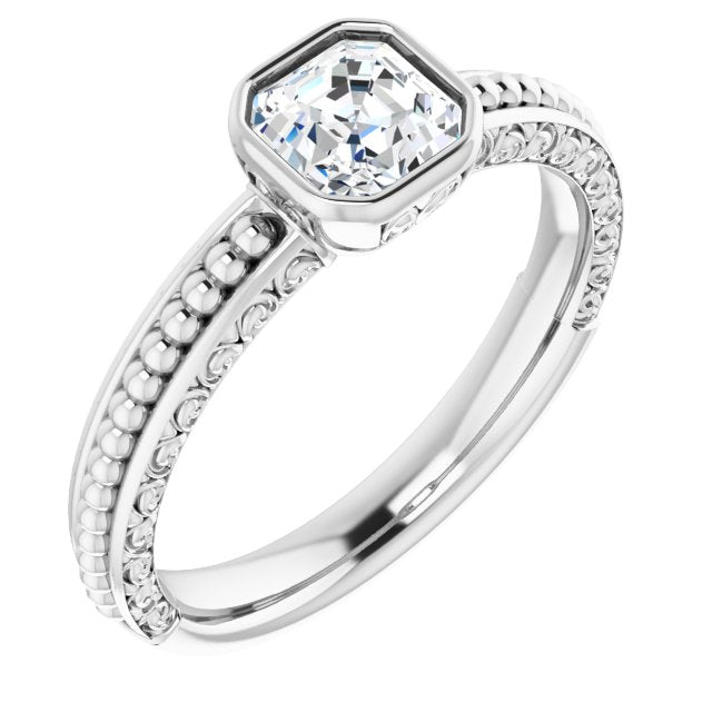 10K White Gold Customizable Bezel-set Asscher Cut Solitaire with Beaded and Carved Three-sided Band