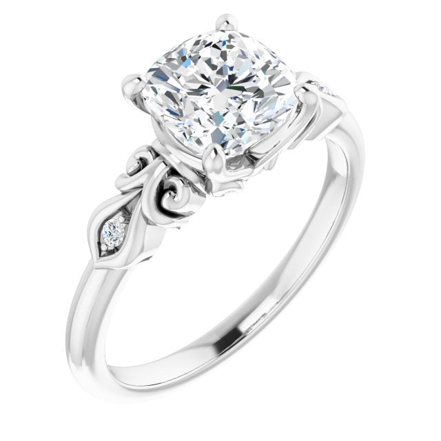 Cubic Zirconia Engagement Ring- The Natsumi (Customizable 3-stone Cushion Cut Design with Small Round Accents and Filigree)