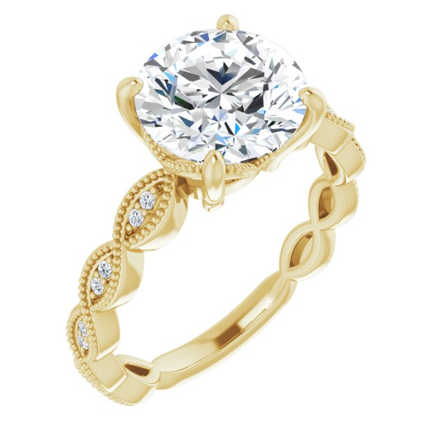 14K Yellow Gold Customizable Round Cut Artisan Design with Scalloped, Round-Accented Band and Milgrain Detail