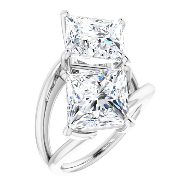 10K White Gold Customizable Two Stone Double Princess/Square Cut Design with Split Bypass Band