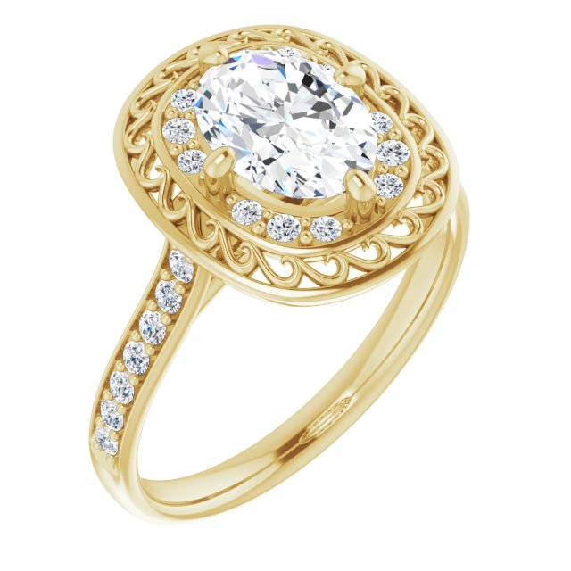 Cubic Zirconia Engagement Ring- The Ariané Contessa (Customizable Cathedral-style Oval Cut featuring Cluster Accented Filigree Setting & Shared Prong Band)