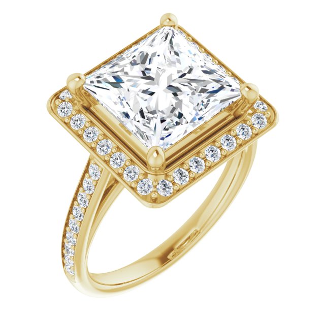 10K Yellow Gold Customizable Cathedral-raised Princess/Square Cut Halo-and-Accented Band Design