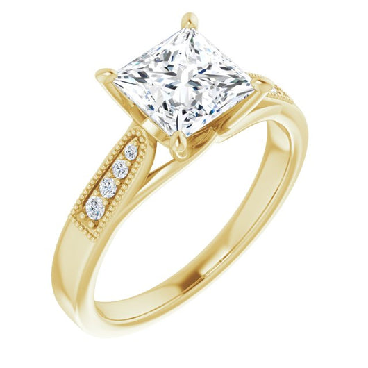 10K Yellow Gold Customizable 9-stone Vintage Design with Princess/Square Cut Center and Round Band Accents