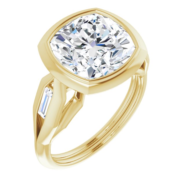 10K Yellow Gold Customizable Bezel-set Cushion Cut Design with Wide Split Band & Tension-Channel Baguette Accents