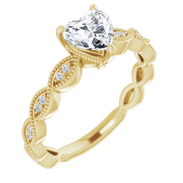 10K Yellow Gold Customizable Heart Cut Artisan Design with Scalloped, Round-Accented Band and Milgrain Detail