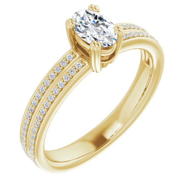 10K Yellow Gold Customizable Oval Cut Center with 100-stone* "Waterfall" Pavé Split Band