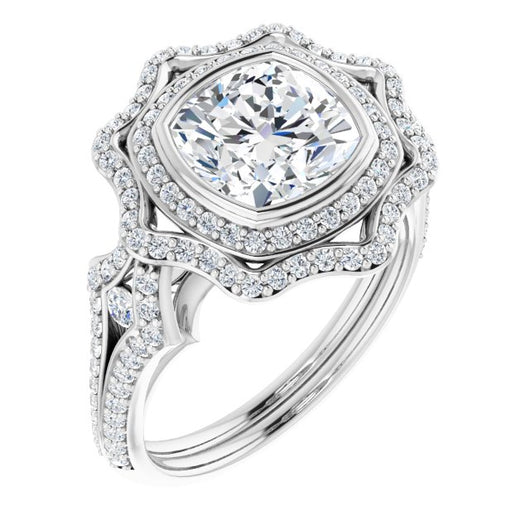 10K White Gold Customizable Cushion Cut Style with Ultra-wide Pavé Split-Band and Nature-Inspired Double Halo