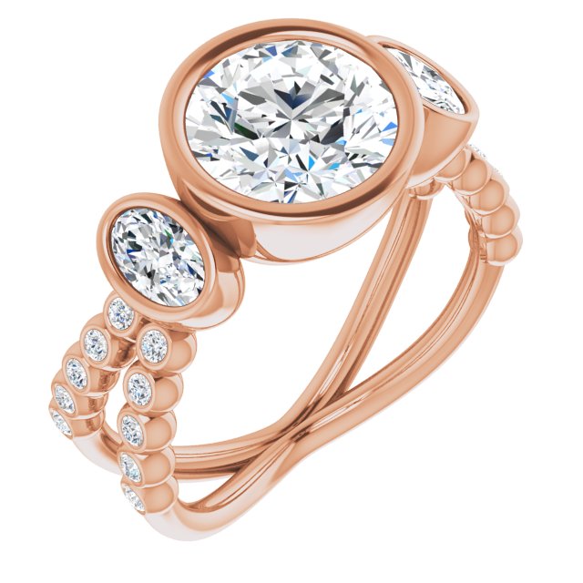 14K Rose Gold Customizable Bezel-set Round Cut Design with Dual Bezel-Oval Accents and Round-Bezel Accented Split Band