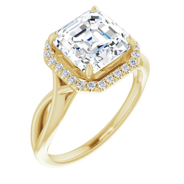 10K Yellow Gold Customizable Cathedral-Halo Asscher Cut Design with Twisting Split Band